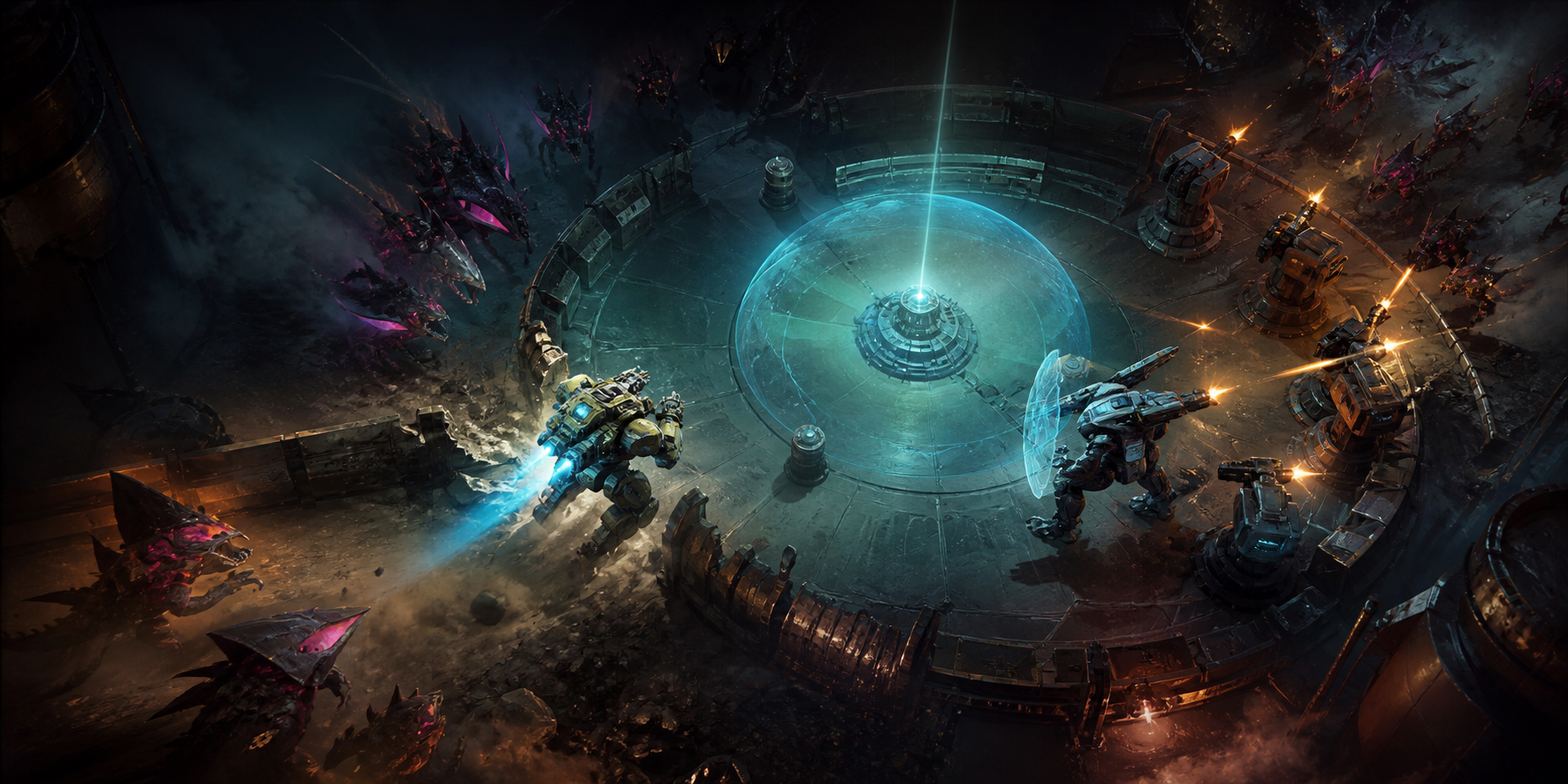 A sci-fi mech and defensive systems facing an alien horde
