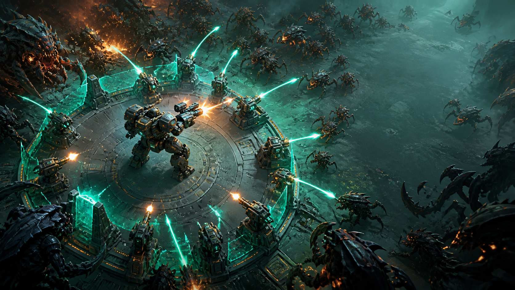 A mech builds a defensive firing position in a top-down arena